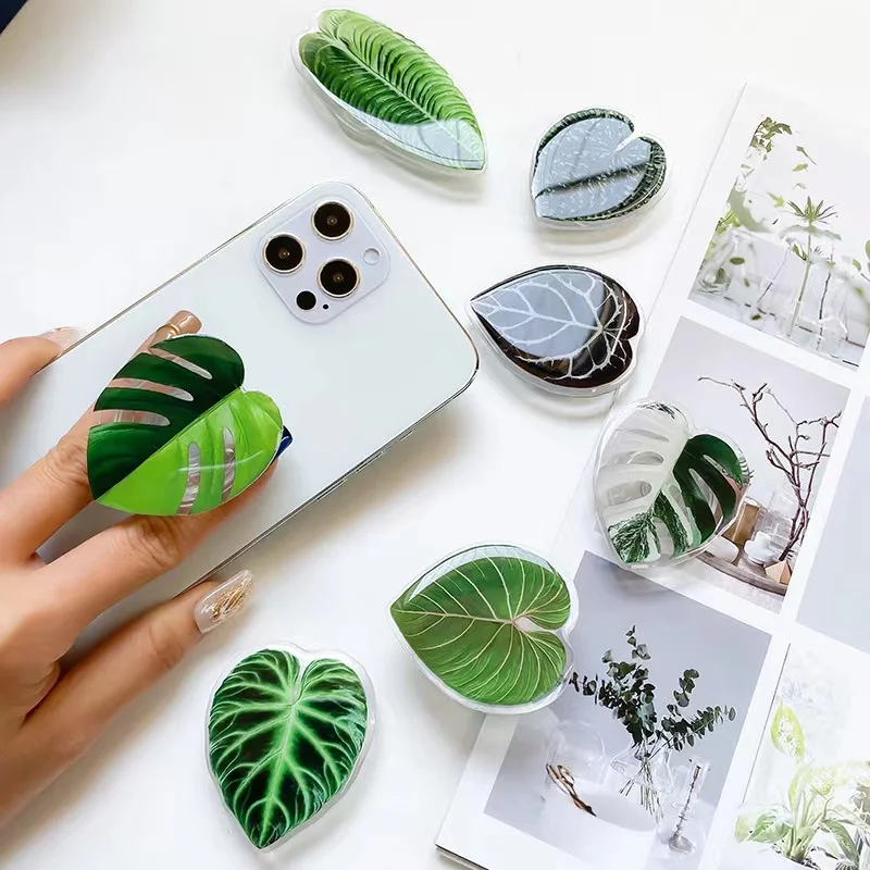 

Desktop Phone Holder Grip Cute Green Leaves Design Mobile Phone for Iphone 11 Finger Stand Korean Cellphone Accessories Support