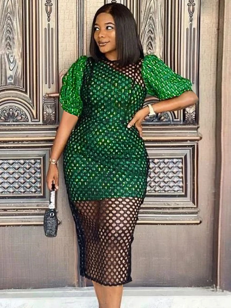 

Green Mesh Dresses O Neck Short Puff Sleeve Sexy Bodycon Evening Party African Gowns for Women Club Event Outfits Large Size 4XL
