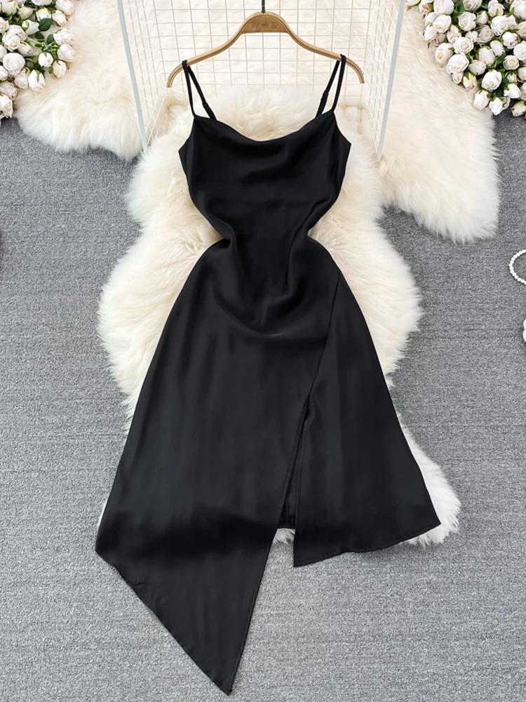 

Fitaylor Summer Women High Waist Slim Sexy Casual Spaghetti Strap Dress Fashion Solid Color Irregular Sleeveless A-Line Dresses