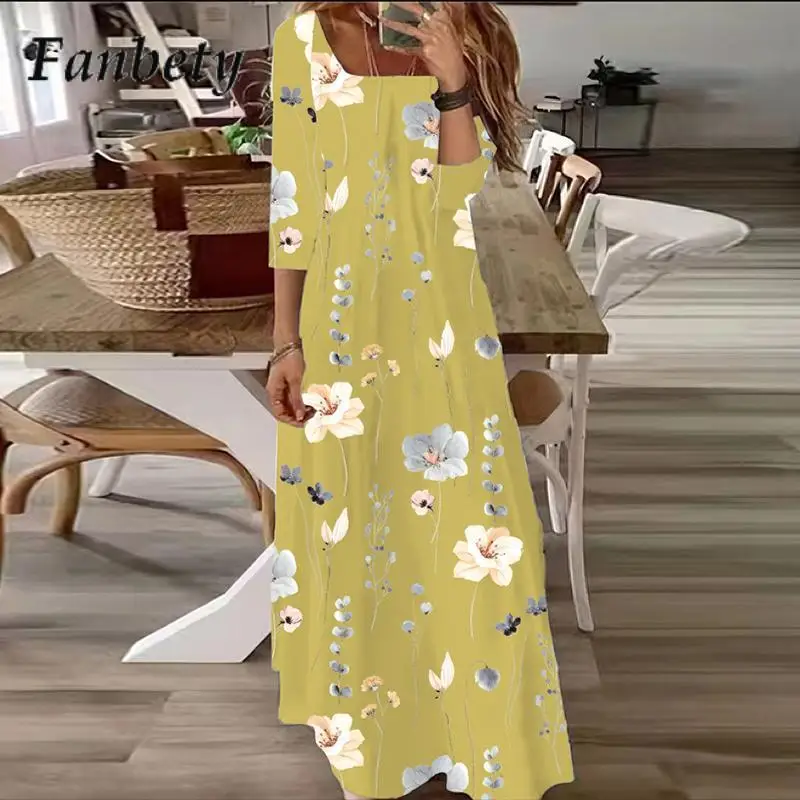 

Elegant Beach Vacation Dress Women's Summer Casual One-Fifth Sleeve Loose Long Dress 2023 Vintage One-Neck Bohemian Long Dresses