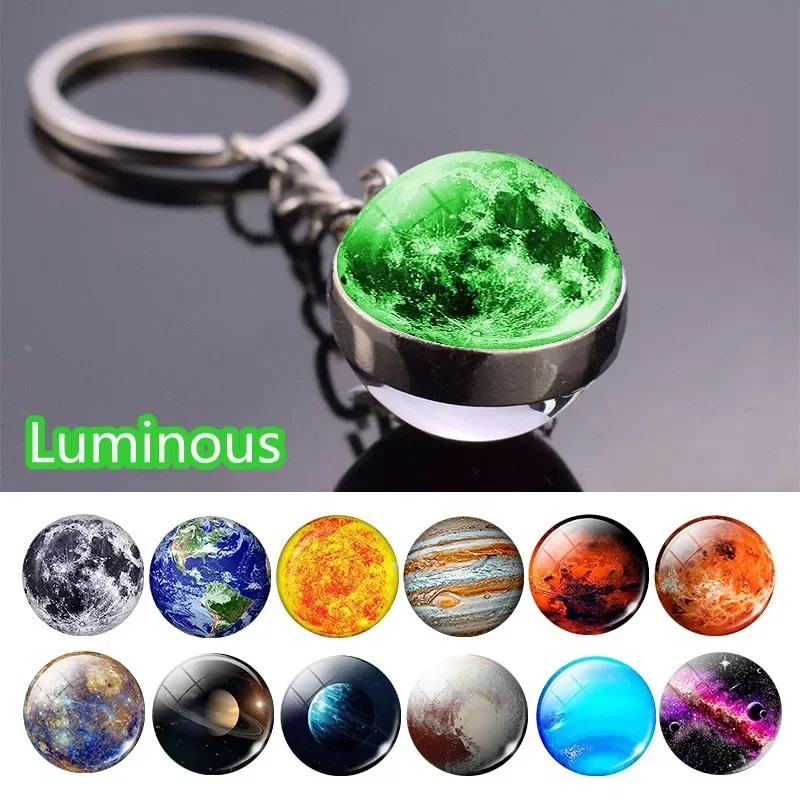 

Dark Solar System Planet Keyring Galaxy Nebula Space uminous Keychain Moon Earth Sun upiter Double Side Glass Ball Jewelry