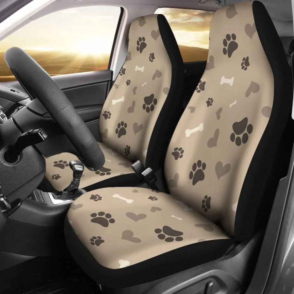 

Beige With Brown Dog Love Pattern With Paw Prints, Bones, Hearts Car Seat Covers,Pack of 2 Universal Front Seat Protective Cover