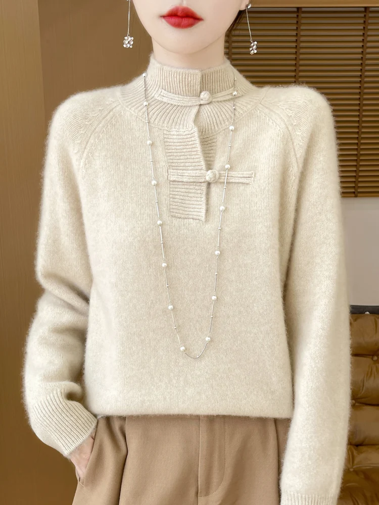 Женский пуловер с круглым вырезом вязаный шерстяной свитер средней высоты