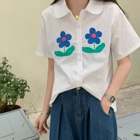 college style white shirt women fresh flowers print blouse 2022 summer loose short sleeved doll shirt