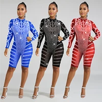 womens sexy sequined mesh rhinestone hollowed see through tight bodycon jumpsuit long sleeved zipper v neck for clubwear party