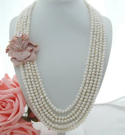 Charming 5 strand freshwater 5-6mm  white pearl necklace micro inlay zircon buckle flower accesso ries necklace long18-23