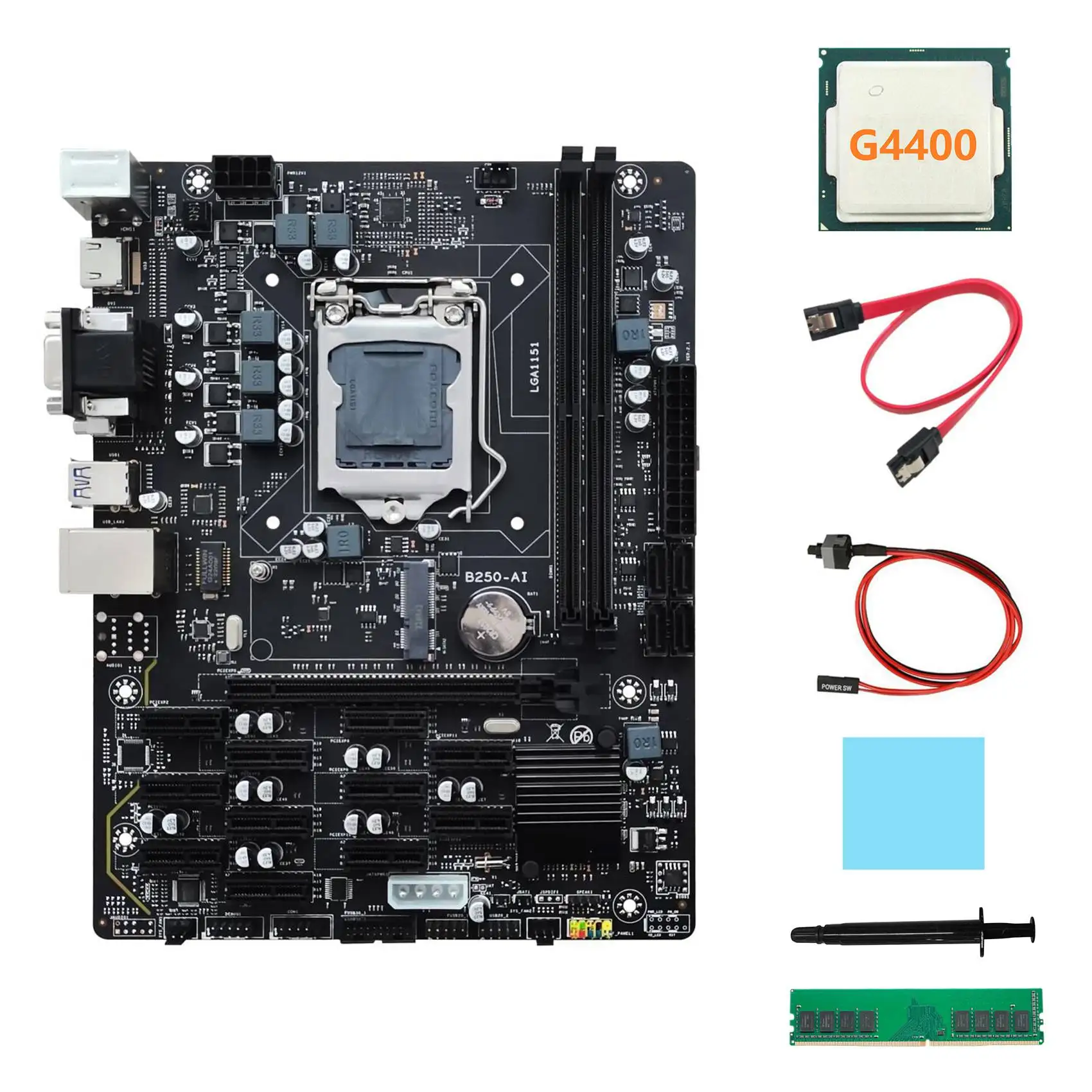 

B250 V2.1 ETH Miner Motherboard 12PCIE+G4400 CPU+DDR4 4GB RAM+SATA Cable+Switch Cable+Thermal Grease+Thermal Pad