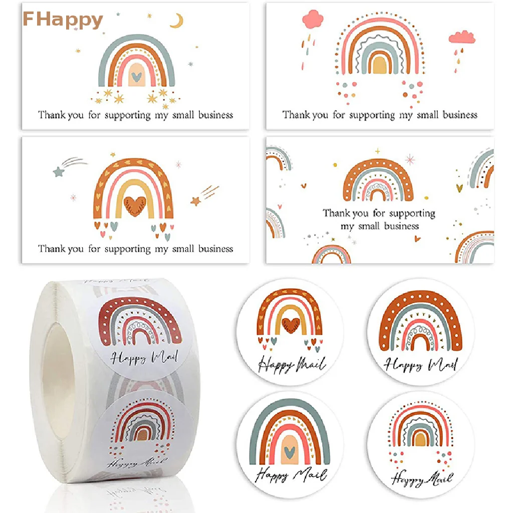 

Радужные наклейки с надписью «Happy Mail», открытки «Thank You» для малого бизнеса, декоративная липкая этикетка для конверта, упаковочная коробка с уплотнением