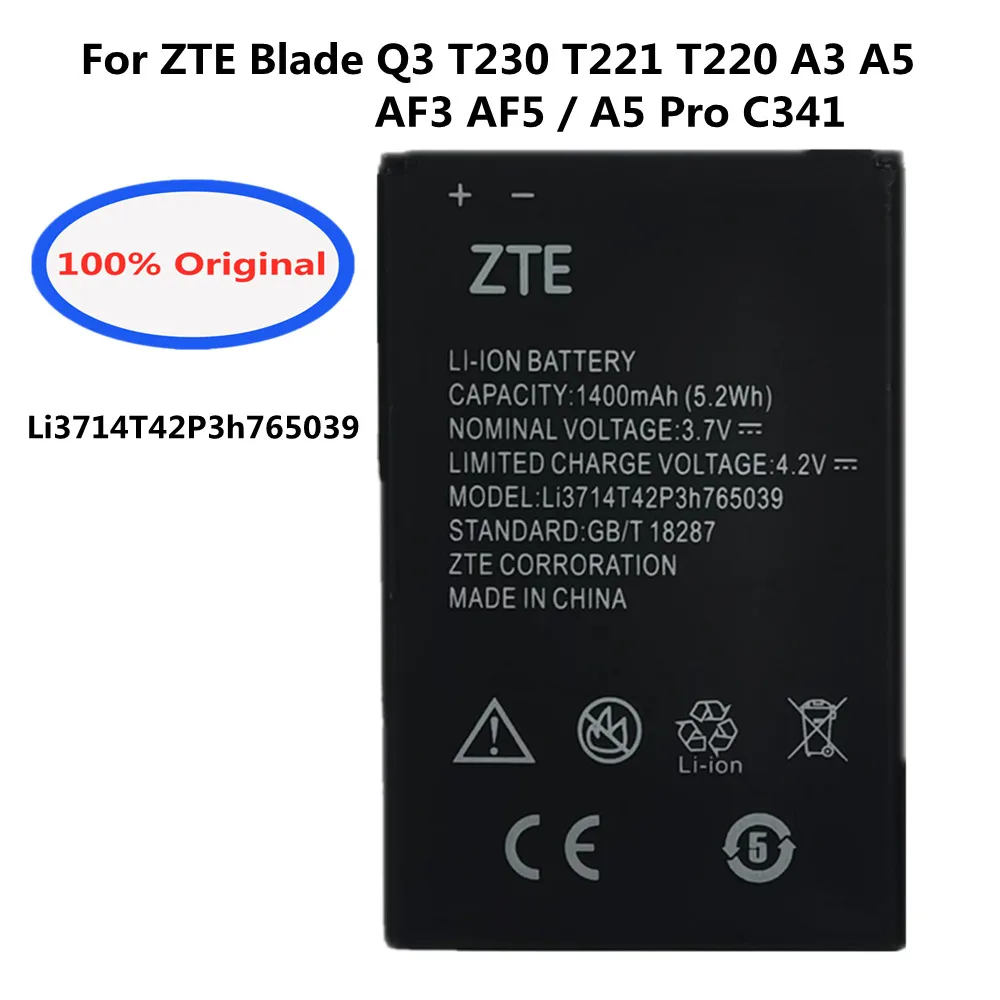 Оригинальный новый аккумулятор Li3714T42P3h765039 для ZTE Blade Q3 T230 AF3 T220 A3 T221 A5 AF5 A5 Pro, высокое качество