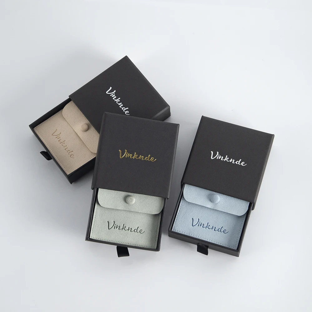 Black Drawer Box Suede Gift Button Pouches Custom Logo Jewelry Packaging Organizer Case Bags Wedding Party Gift Boxes Pouches