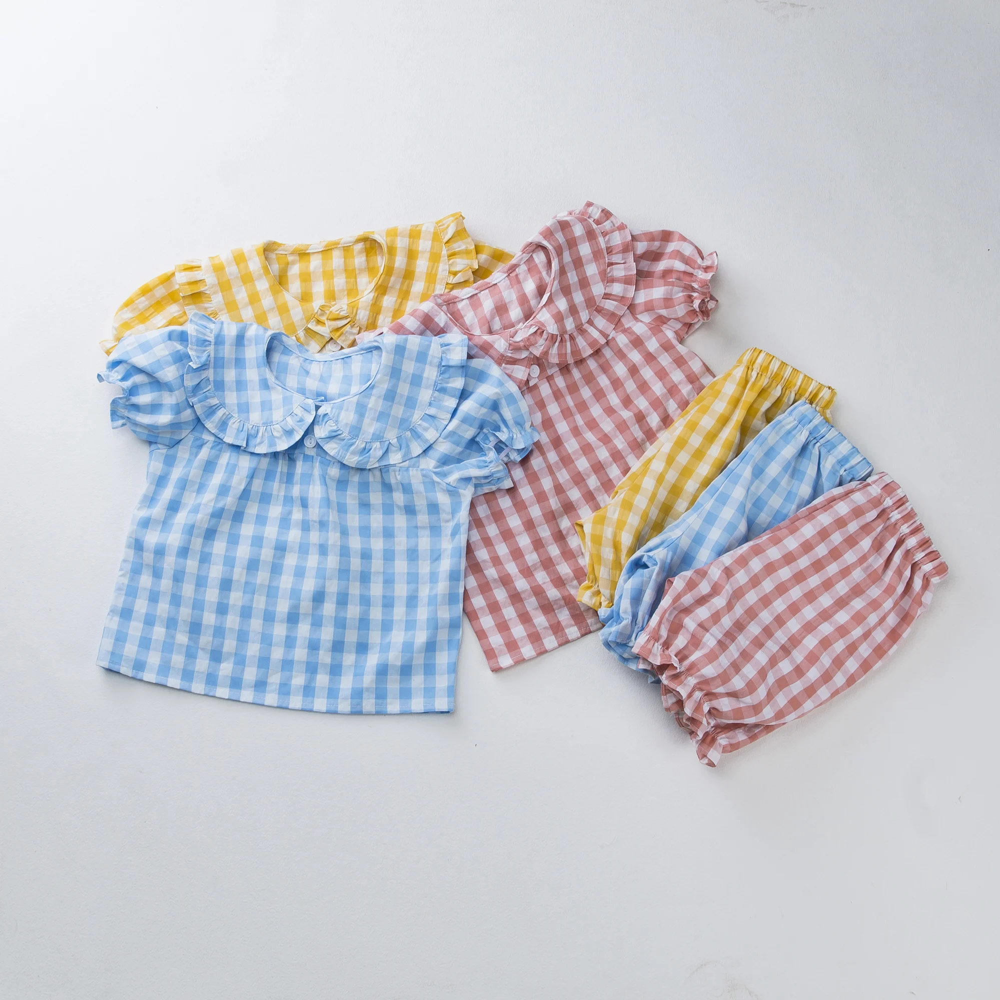 

Babany bebe Infant Baby Girls Plaid Balloon Sleeve T-shirt & Pants Home Daily Casual Short Sleeves Kids Clothes Outfit 2Pcs