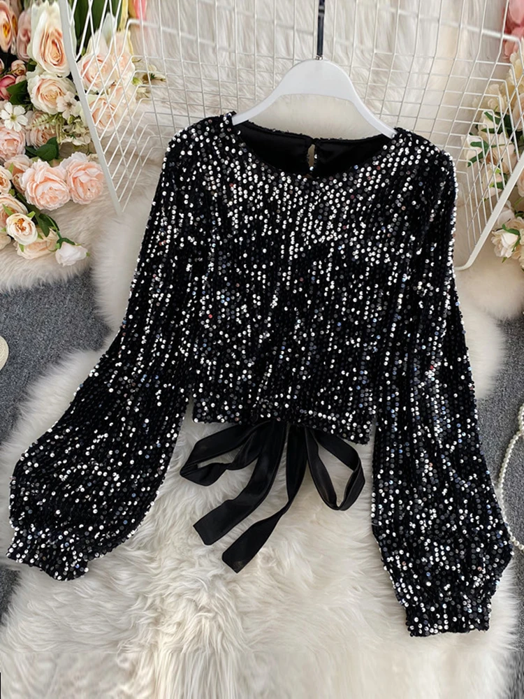 WomenSpring Auttumn Blouse New All-match Sequins O-Neck Shirts Long-sleeved Open Back Lace-up Bow Short Tops Female Blusa GX1082