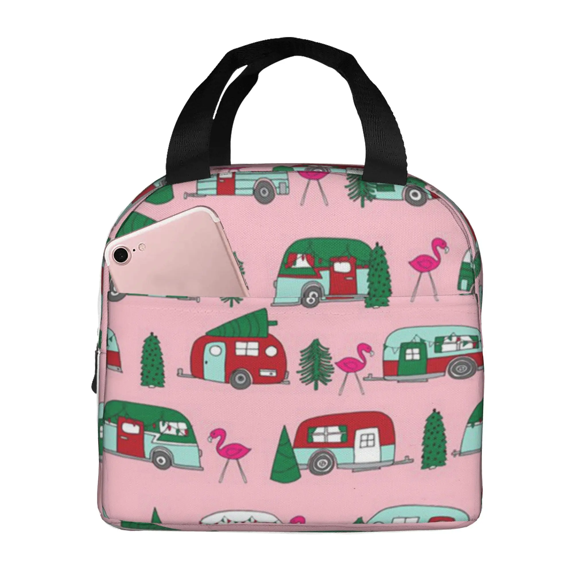 

Christmas Flamingo Car Lunch Bag for Women Large Reusable Insulated Lunch Box for Work, Adult Foldable Tote for Office