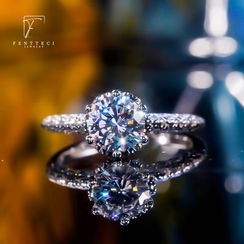 FENTTECI Luxury S925 Sterling Silver Platinum Plated Ring Flower Ring Moissanite Diamond Ring for Women Engagement Wedding Bands