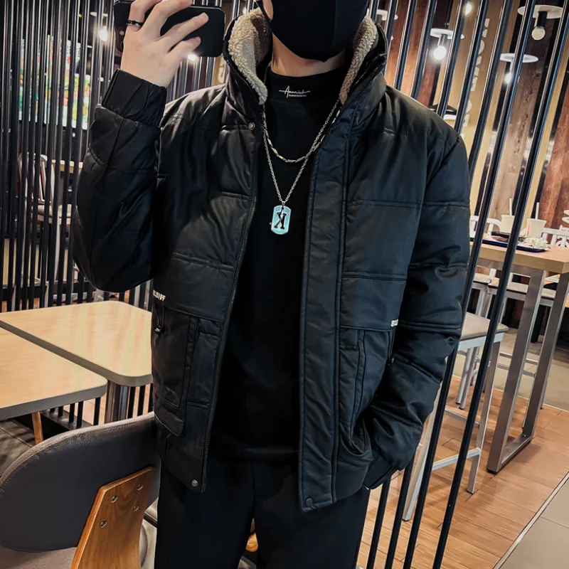 2022 Winter Lambhair Short Parkas Jackets Men Thicken Warm Casual Slim Zipper Coats Streetwear Hiphop Social Puffer Men Clothing