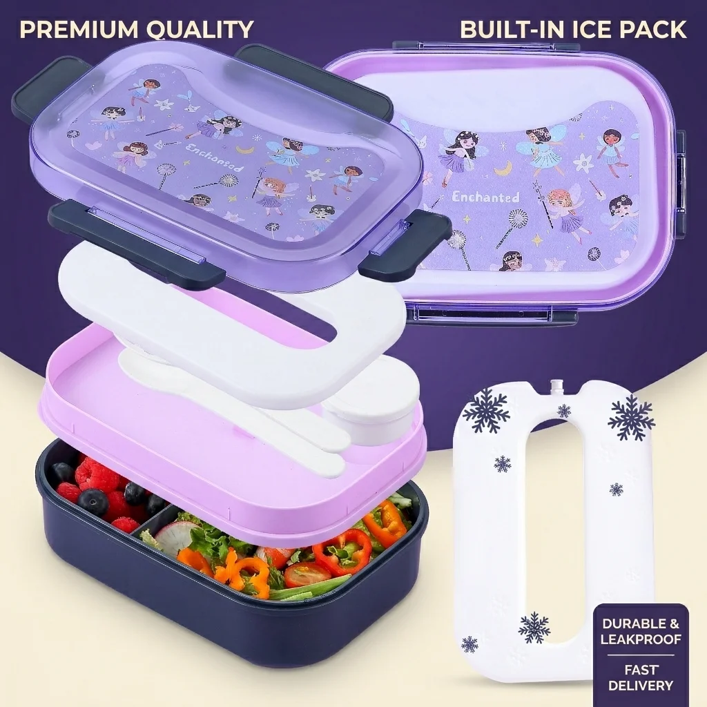 Фото Фиолетовый ланч-бокс Magic Fairy Cartoon Bento — можно мыть в посудомоечной машине и микроволновой печи, идеально подходит для девочек и детей, ланч-бокс для пикника на открытом воздухе №1