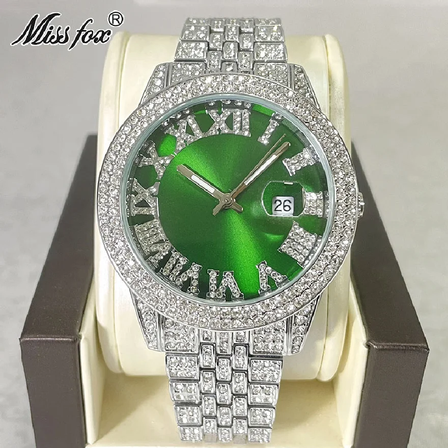 

MISSFOX Iced Watch For Men Luxury Diamond Fashion Quartz Wristwatches Automatic Date Green Waterproof Clock Free Shipping Reloj