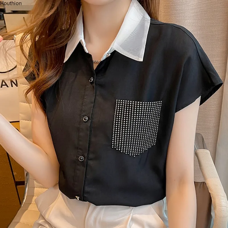 

Женские блузки, модный топ с коротким рукавом, рубашка-поло, шифоновая летняя новая повседневная однотонная женская одежда