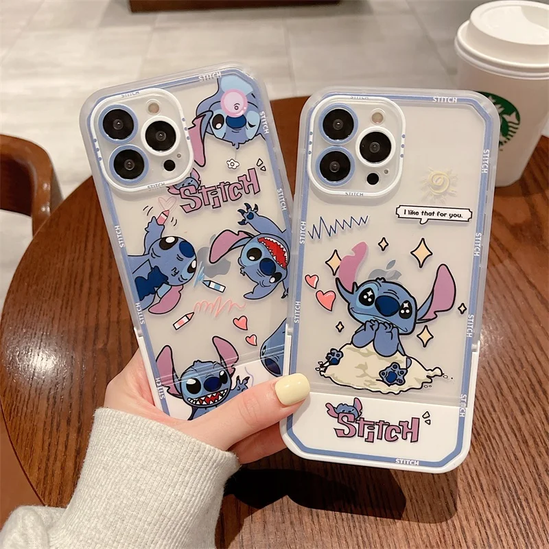 

Cute Stitch Folding Invisible Bracket Stand Holder Transparent Phone Case For iPhone 14 13 12 Pro Max 11 X XR XS MAX back cover