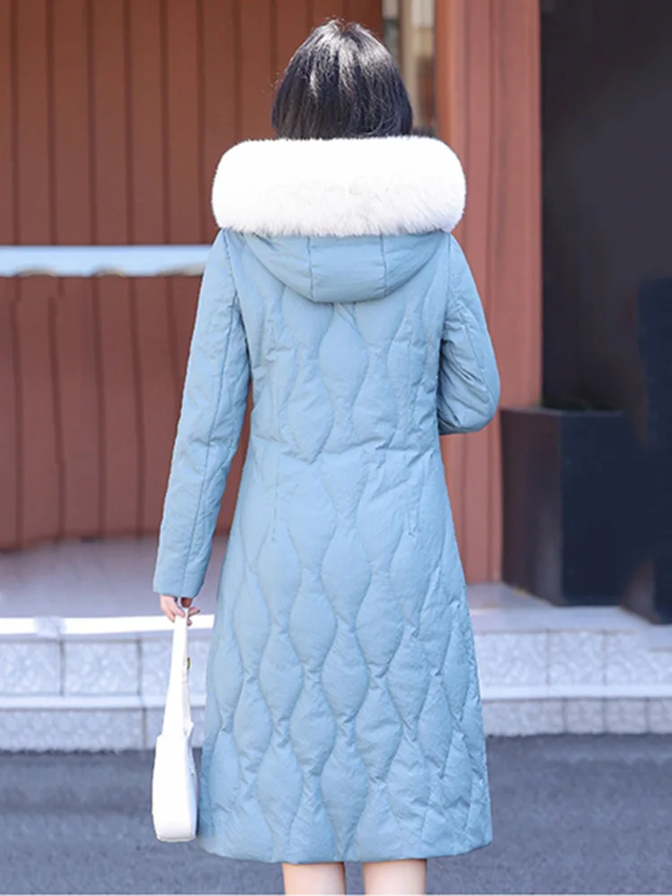 New Women Leather Down Coat Winter Casual Warm Real Fox Fur Collar Hooded Sheep Leather Down Coats Loose Long Thicken Outerwear