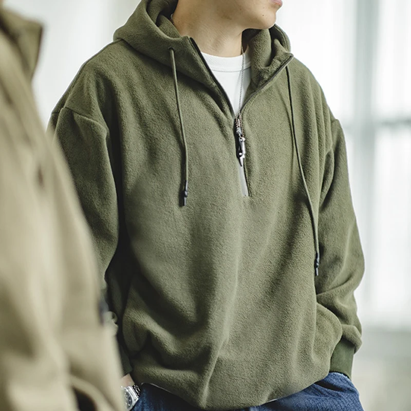 Mens Winter Polar Fleece Tactical Hoodies Japanese-style Solid Color 1/3 Zip Harajuku Style Loose Hip Hop Military Cargo Sweater