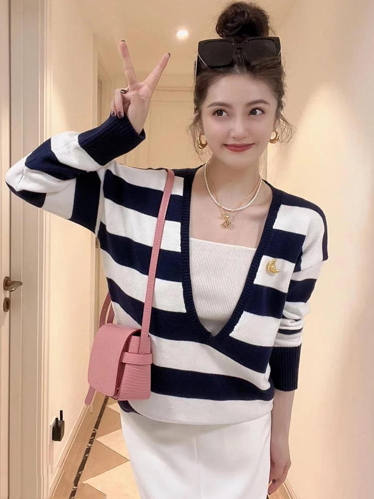 Плюс размер корейский Sle Idle контрастный цвет в полоску с длинными рукавами