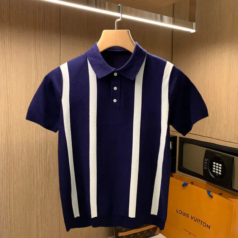 Мужская трикотажная рубашка-поло в полоску с коротким рукавом |