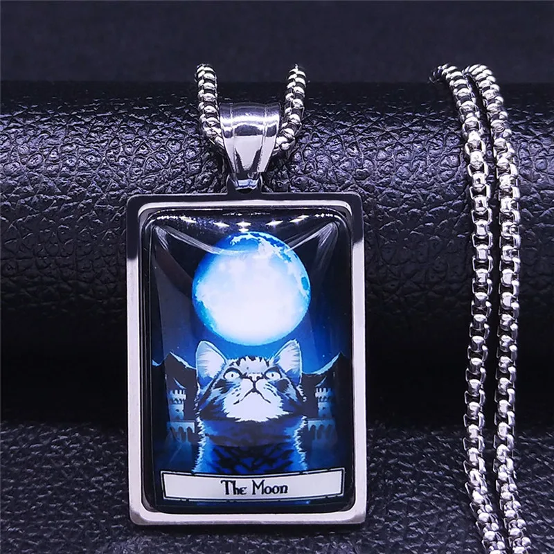 

Tarot Tin Sign Felis -The Moon Chain Necklace Stainless Steel Glass Silver Color Men/Women Necklaces Jewelry bijoux homme NXS06