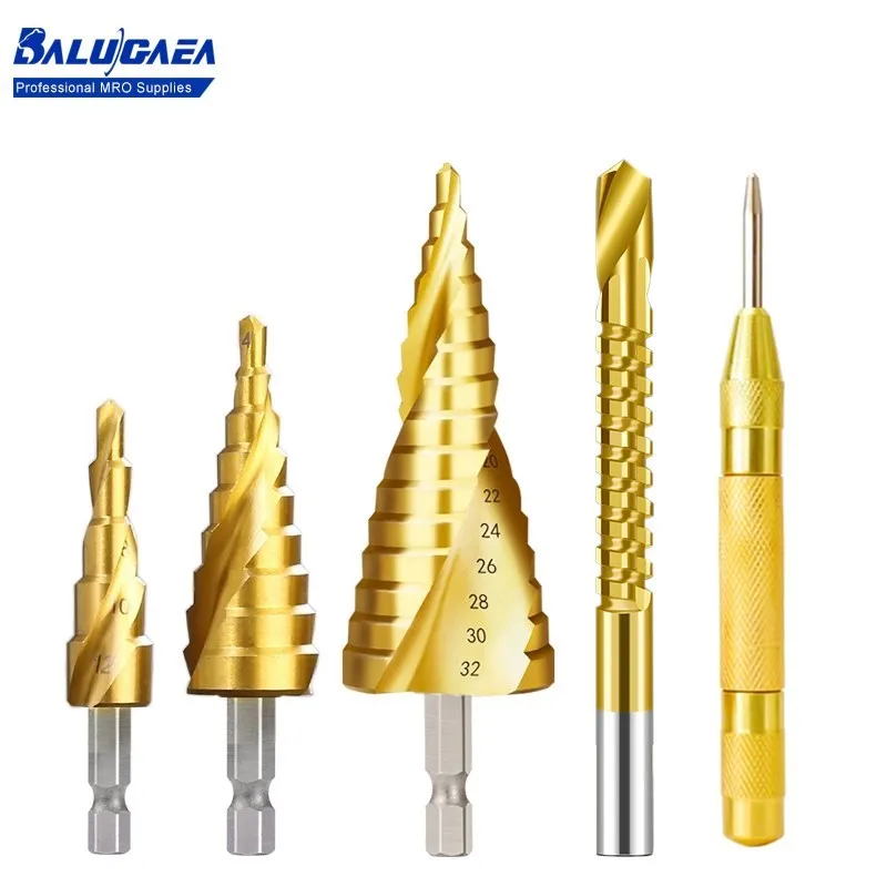 

Spiral Step Cone Drill Hex Shank 4-12 4-20 4-32mm Metal Hole Cutter with Center Punch Titanium Coated HSS Metal Drill Bit