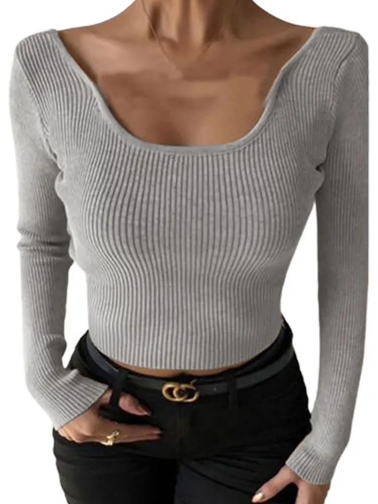 

Женский Укороченный трикотажный свитер с квадратным вырезом, облегающий базовый модный свитер с длинным рукавом, женская уличная одежда, топы, 2023