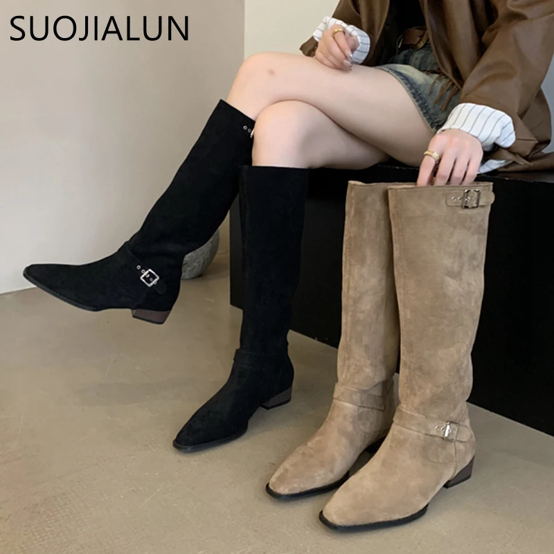 

SUOJIALUN Winter New Brand Women Long Boots Fashion Buckle Round Toe Ladies Knee-High Boots Shoes Flat Heel Outdoor Knight Boots