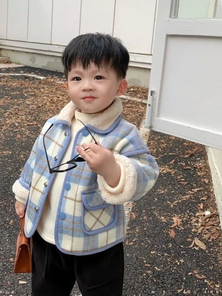 Шерстяная куртка для маленьких мальчиков осенне-зимняя новая детская утепленная