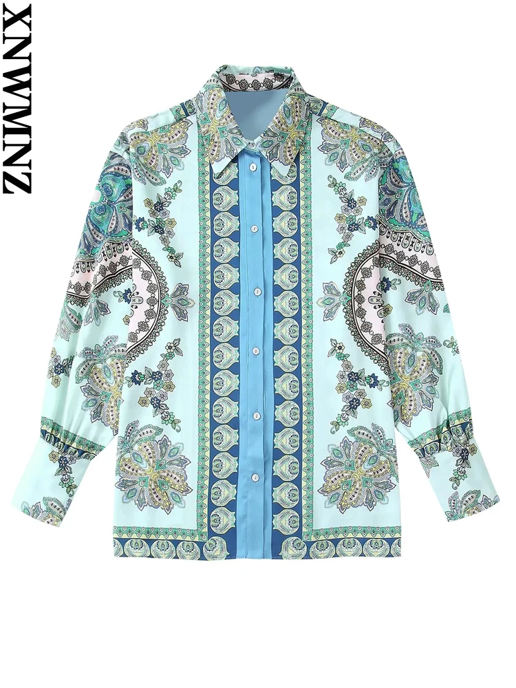 

XNWMNZ 2022 Women Fashion Flowing Printed Loose Shirts Vintage Long Sleeve Front Buttons Female Blouses Chic Tops