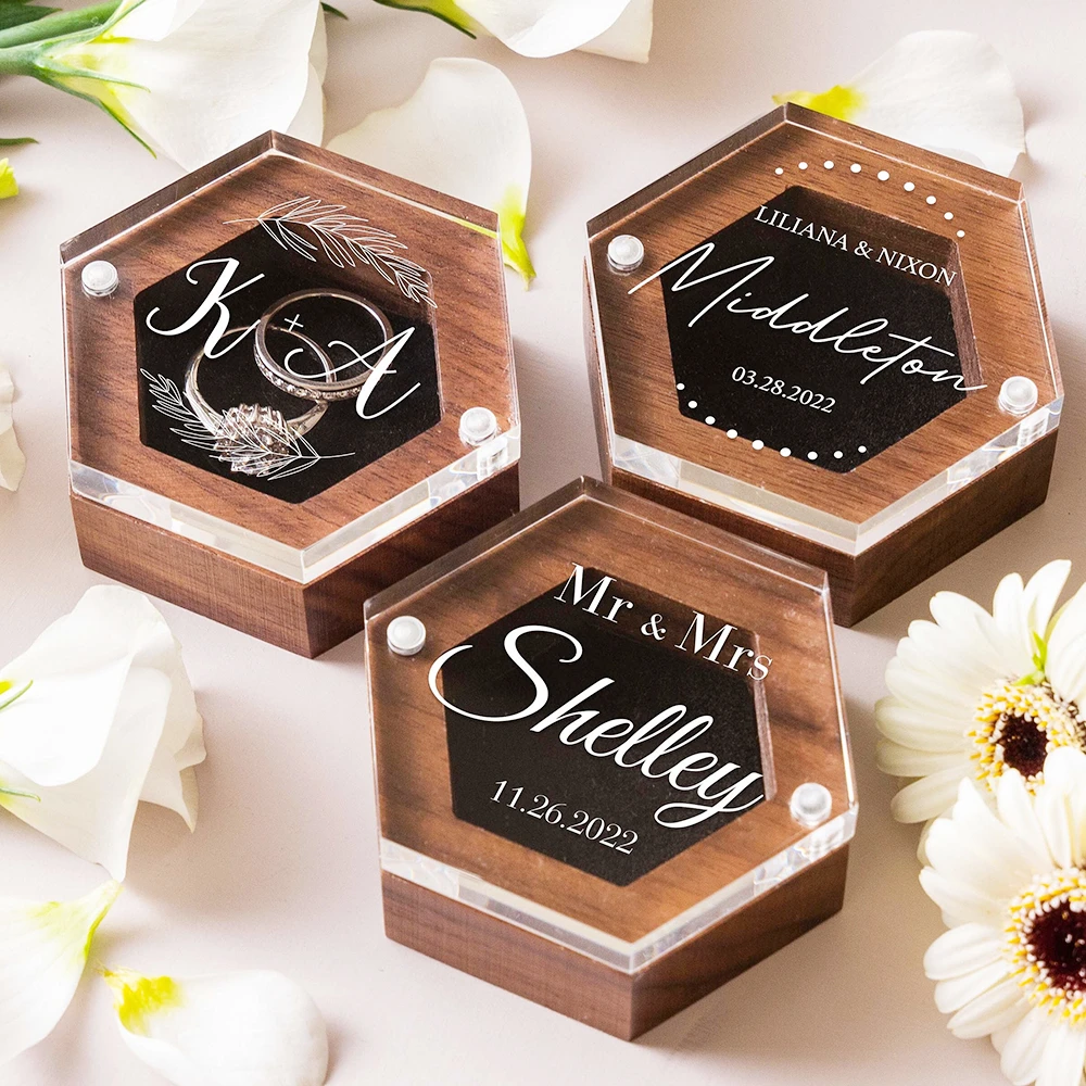 

Personalized Acrylic Wood Hexagon Wedding Ring Box Custom Jewelry Storage Can Put Earring For Anniversary Romantic Gifts