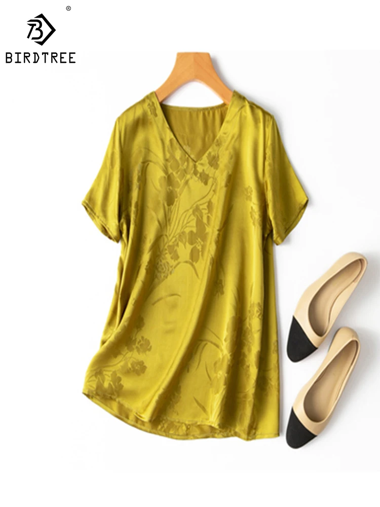 

Birdtree 100%Mulberry Silk 20MM High Quality Mustard Yellow Jacquard Crepe Satin V-neck Silk Short Sleeve T37032QD