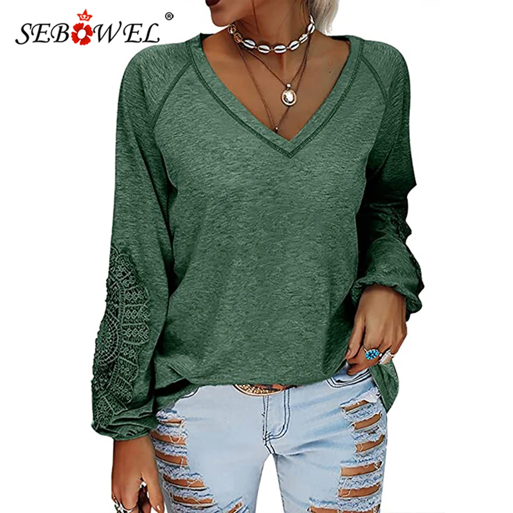 

SEBOWEL European and American 2022 Autumn and Winter New Solid Color Pullover V-neck Stitching Lace Lantern Sleeve T-shirt S-2XL
