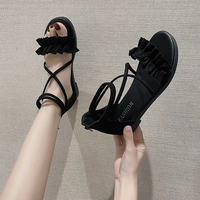 

Korean version sandals 2022 summer new flat-bottomed flat-heeled all-match student cross straps Roman beach fairy wind sandals