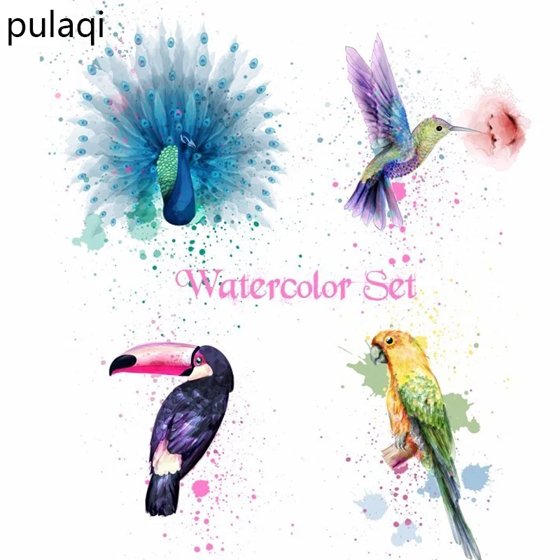 

Pulaqi Cute Birds Hummingbird Parrot Iron On Transfers Patches Watercolor Set Heat Thermal Transfer For Kids Pillow DIY Decor F