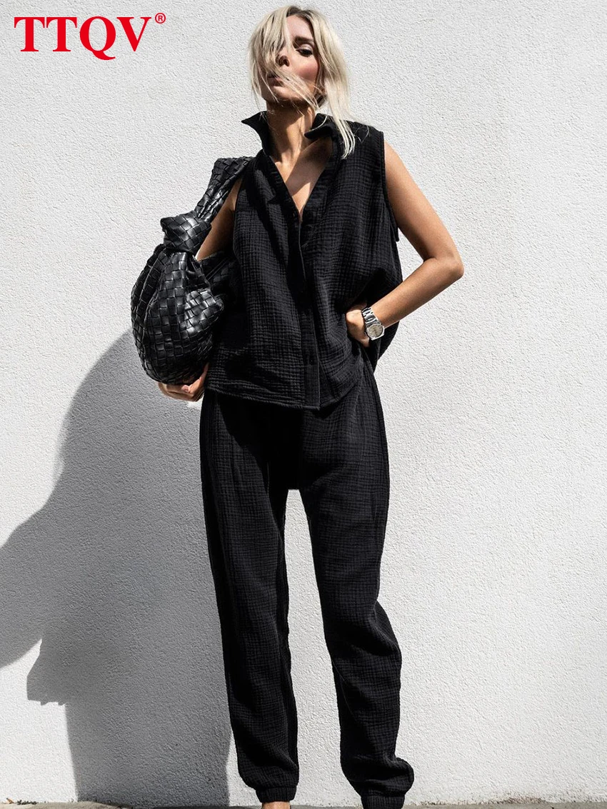 

TTQV Casual Black Cotton 2 Piece Sets Women Outfit Fashion V-Neck Sleeveless Shirts And High Waisted Drawstring Trousers Sets