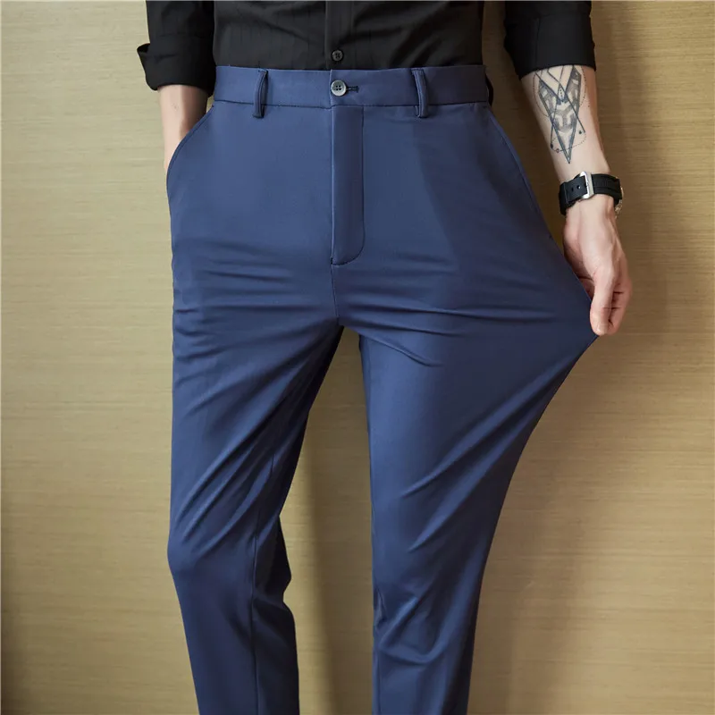 

MenHigh Stretch Ice Silk Fabric Suits Pants Male Formal Wear Boutique Trousers Quality Men British Style Business Casual Pants