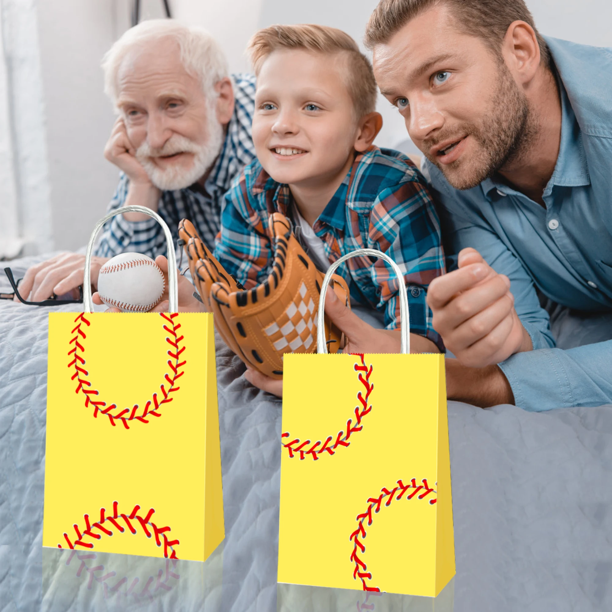 

BD092 12Pcs Yellow Sports Softball Ball Game Theme Kraft Paper Bag with Handles Kids Birthday Party Souvenir Candy Shopping Bags