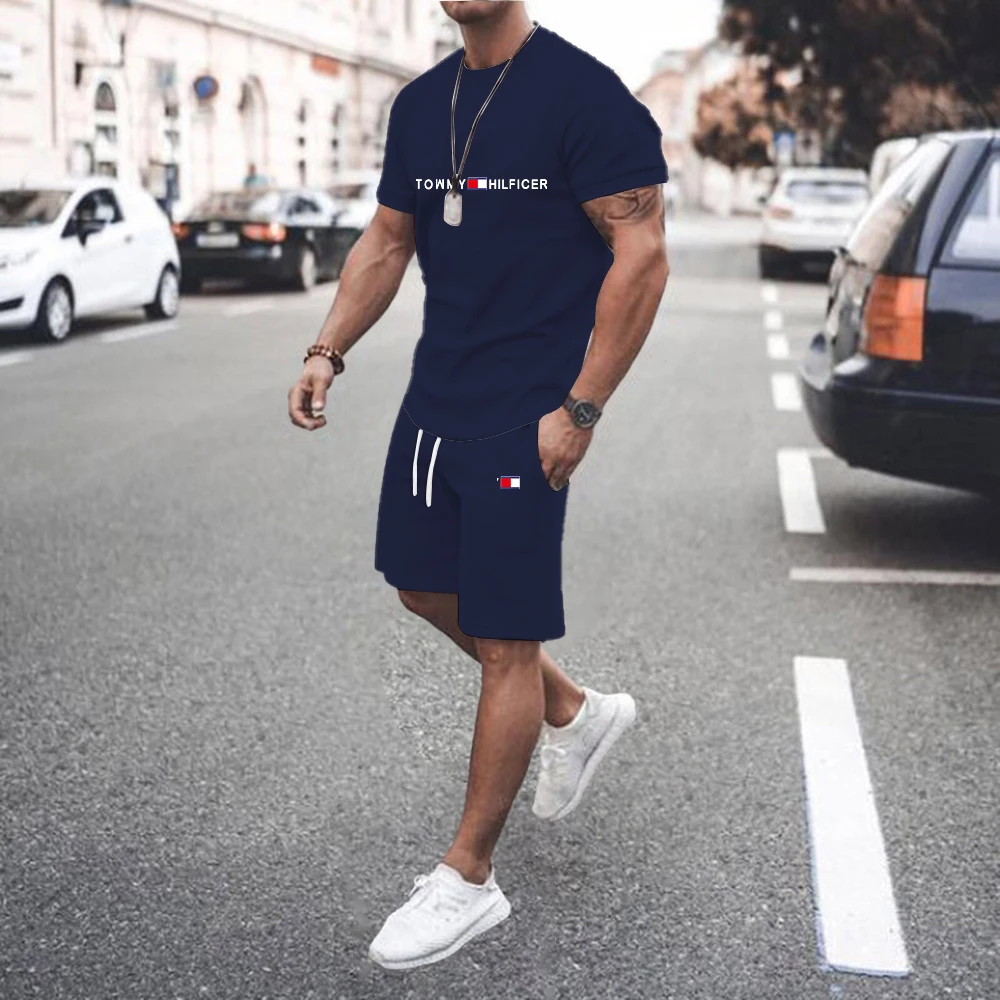 2023 New Summer Shirt Set Synthetic Comfortable Cool Men's Fitness Brand T-Shirt Shorts Oversized Clothing Set