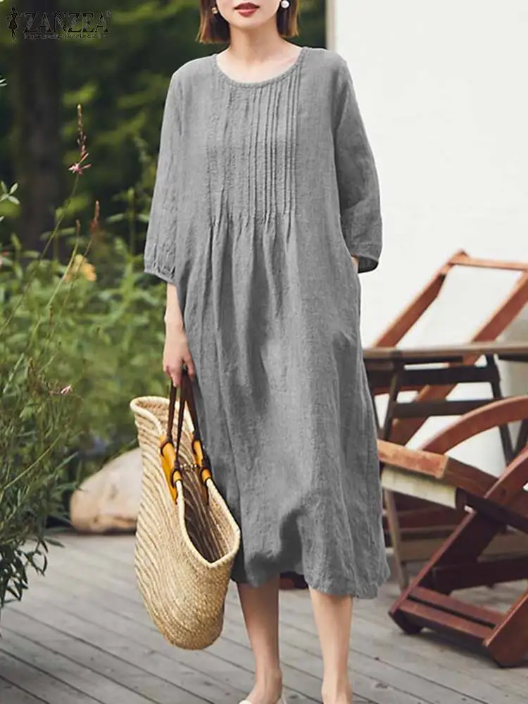 

Модные плиссированные платья ZANZEA, Женский Осенний сарафан, модное однотонное Свободное платье, повседневный праздничный халат, элегантные платья миди, кафтан