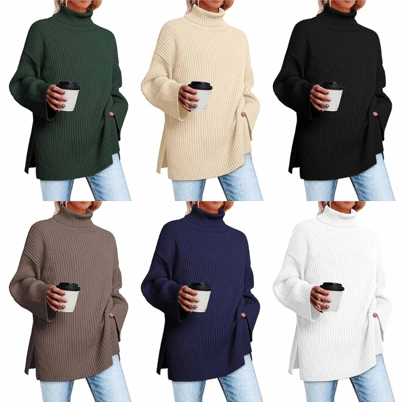 

Fashion Forward Turtleneck Ribbed Sweater Long Sleeve Side Slits Pullover Perfect for Women's Casual and Office Wear Dropship