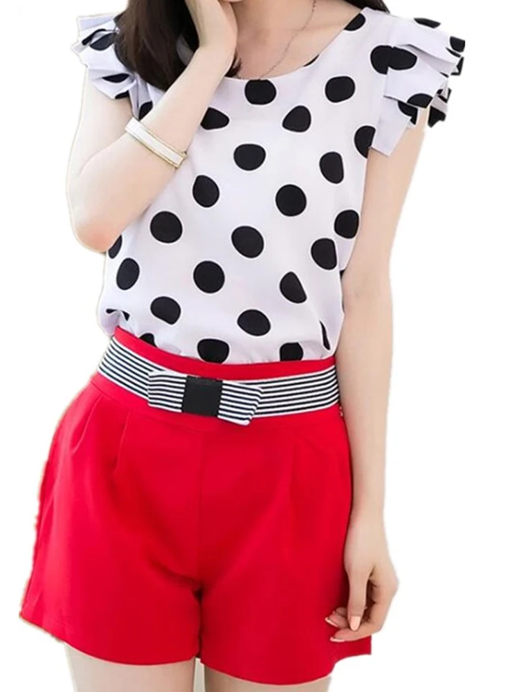 

CUHAKCI Chiffon Blouse Casual Shirts Polka Women White Black Dot Short Sleeve Fashion O-Neck Tops