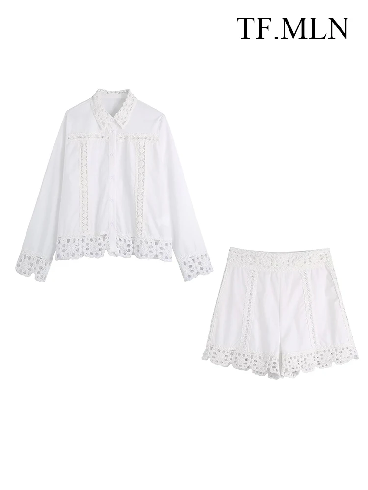 

2 шт., женские блузки и шорты с вышивкой и отложным воротником