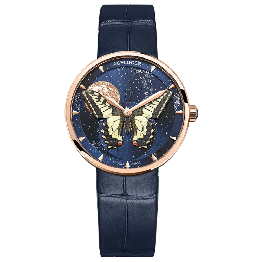 

AGELOCER Real Moonphase Watch Women Luxury Top Brand Butterfly Ladies Wrist Watches Bracelet Girl Clock Relogio Feminino