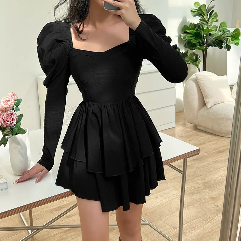 

Goth Sexy Black Lace Up Dress Vintage Square Collar Puff Sleeve Lace Tirm Mini Dresses Harajuku Fairy Grunge Party Dress