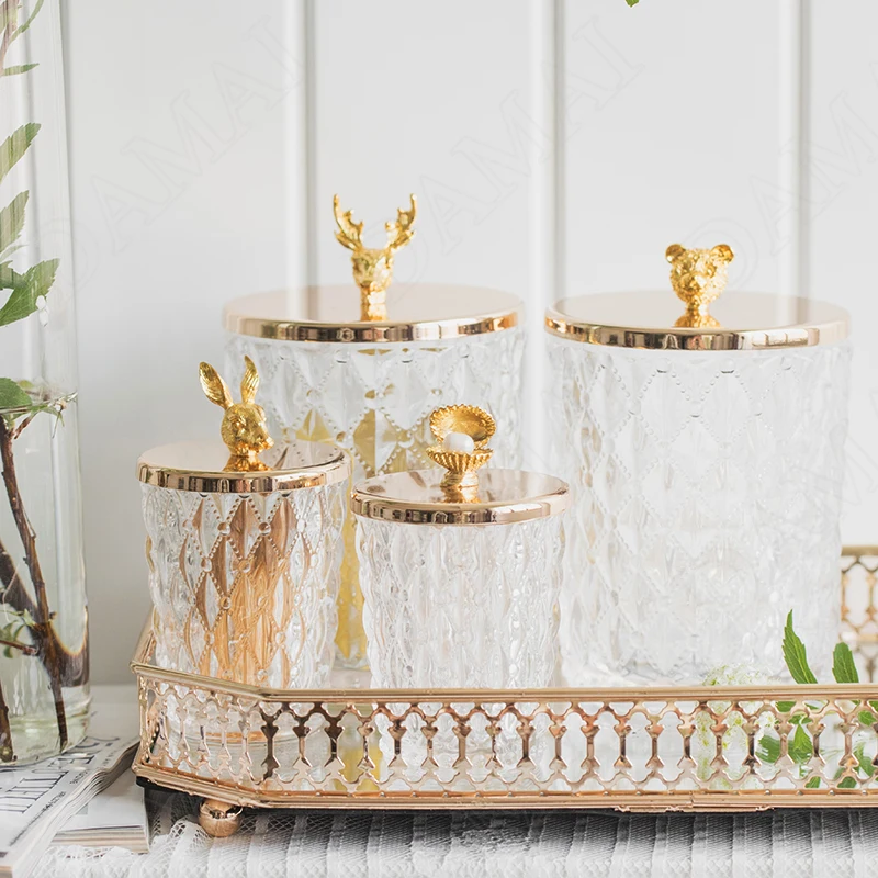 

Lid Crystal Glass Jars Decoration Candy Ornaments Transparent Jewelry Jar With Modern Gilded Organizer Storage Home Animal Tank