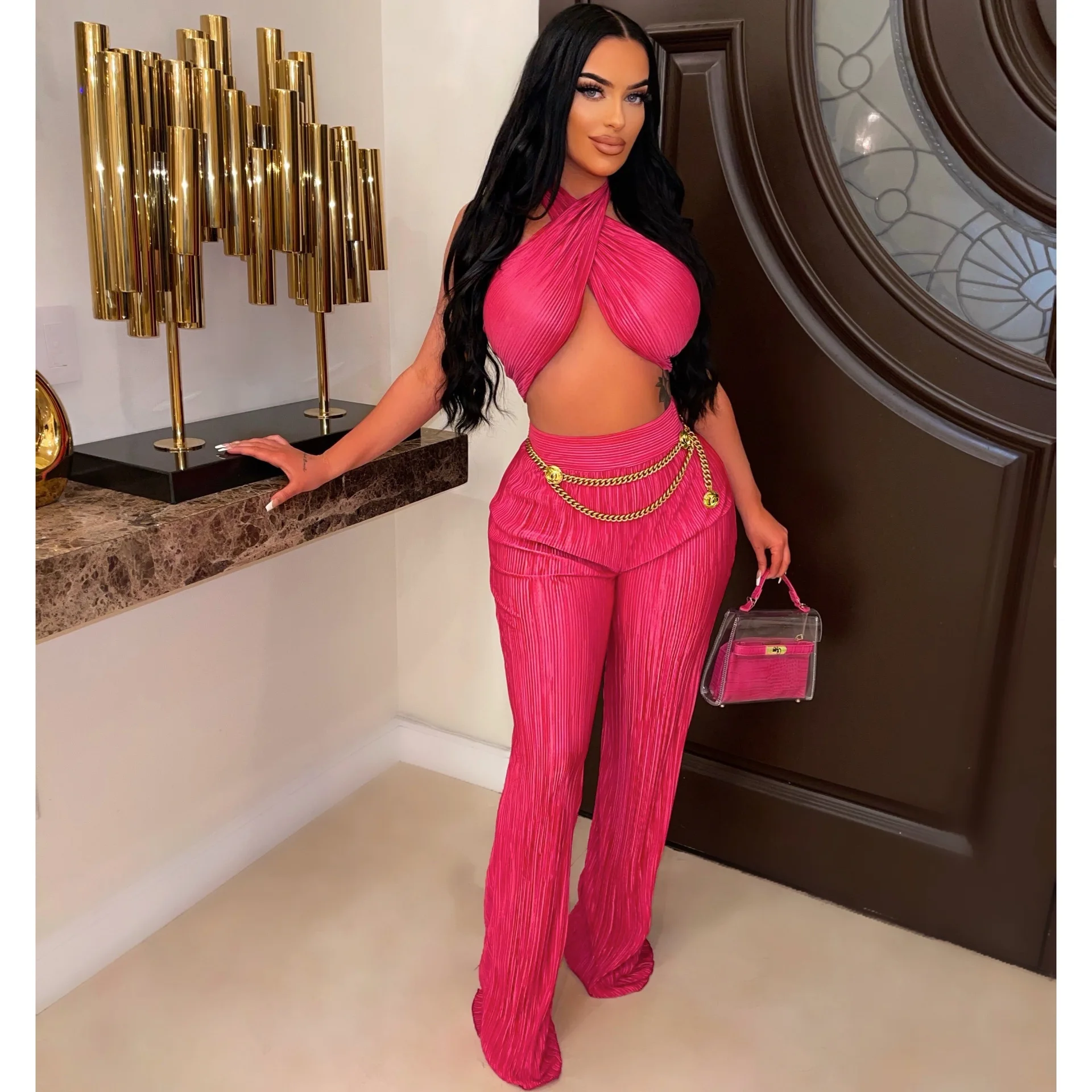 

Женский однотонный комплект из 2 предметов, привлекательный летний модный Кроссовый бюстгальтер со складками и широкими штанинами, наряды на день рождения, 2023